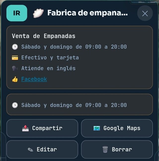 Ejemplo de sticker de negocio: fábrica de empanadas con horario, medios de pago e idioma